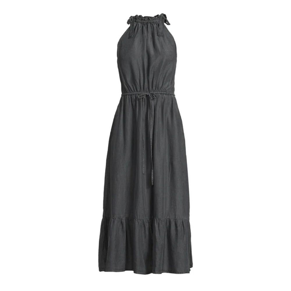 Tie Halter Maxi Dress Washed Black Ruffle Hem Time and Tru Elastic Waist Pockets - Picture 10 of 10